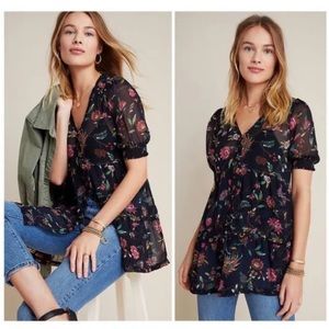 Anthropologie Navy Floral Salzburg Sheer Tunic Blouse Small